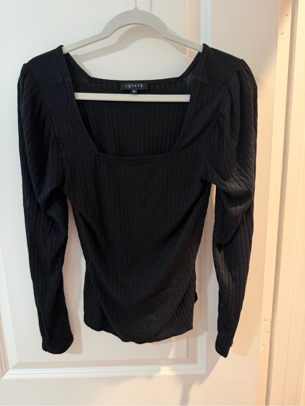 1. State Black Ribbed Square Neck Long Sleeve Top with Puff Shoulders